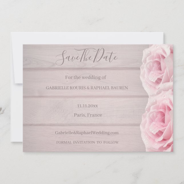 Rustic Wood Real Pink Roses Save The Date Wedding Invitation (Front)