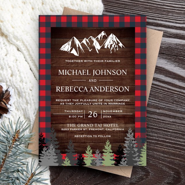 Rustic Wood Red Buffalo Plaid Mountain Wedding Invitation (Creator Uploaded)