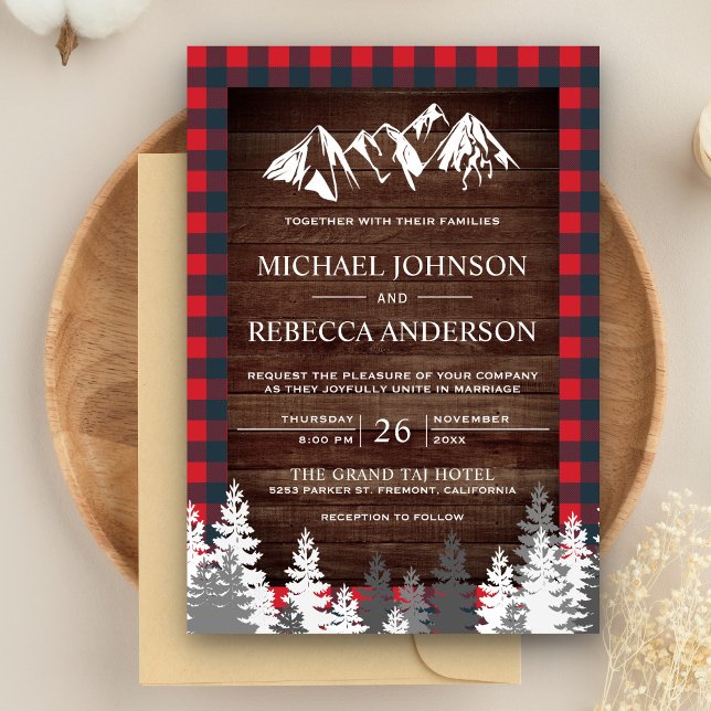 Rustic Wood Red Buffalo Plaid Mountain Wedding Invitation (Creator Uploaded)