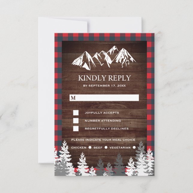 Rustic Wood Red Buffalo Plaid Mountain Wedding RSVP Card (Front)
