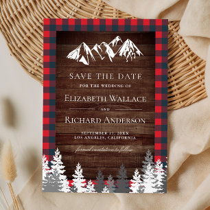 Rustic Wood Red Buffalo Plaid Mountain Wedding Save The Date
