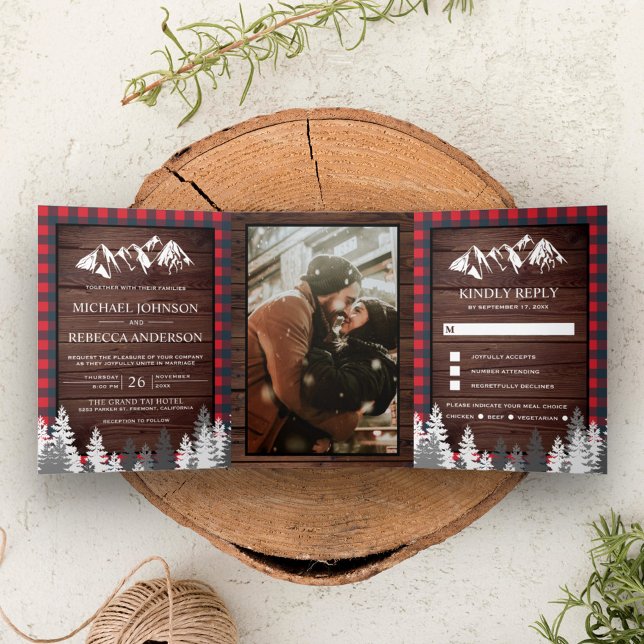Rustic Wood Red Buffalo Plaid Mountain Wedding Tri-Fold Invitation (Creator Uploaded)