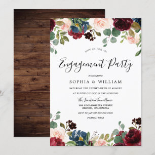 Rustic Wood Red Burgundy Floral Engagement Party Invitation