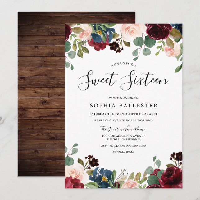 Rustic Wood Red Burgundy Floral Sweet 16 Party Invitation (Front/Back)