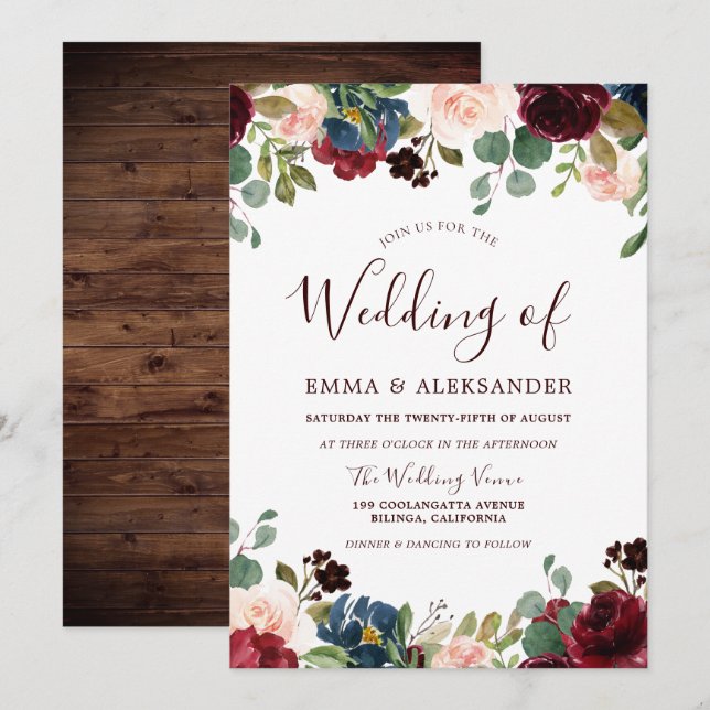 Rustic Wood Red Burgundy Floral Wedding Invite (Front/Back)