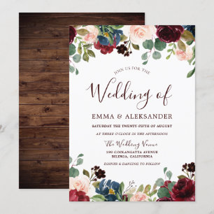 Rustic Wood Red Burgundy Floral Wedding Invite