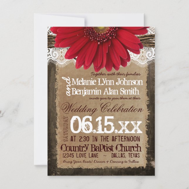 Rustic Wood Red Daisy Country Wedding Invitations (Front)