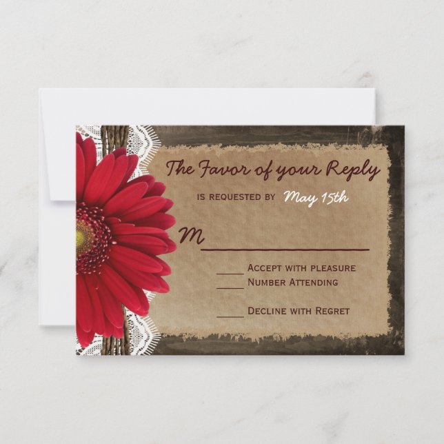 Rustic Wood Red Daisy Country Wedding RSVP Cards (Front)