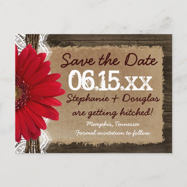 Rustic Wood Red Daisy Save the Date Postcards (Front)