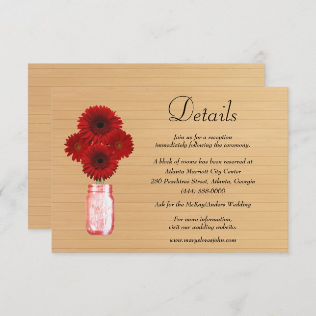 Rustic Wood Red Floral Mason Jar Wedding Details Enclosure Card (Front/Back)
