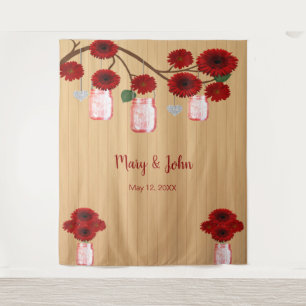Rustic Wood Red Floral Mason Jars Photo Backdrop Tapestry