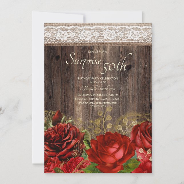 Rustic Wood Red Gold Flowers Burlap Surprise 50th Invitation (Front)