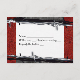 Rustic Wood Red Leather Barbed Wire Cowboy rsvp Card