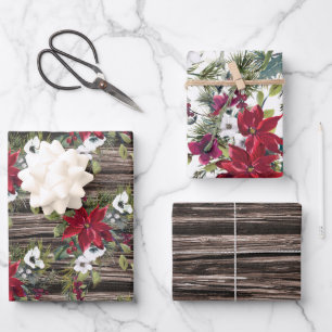 Rustic Wood Red Poinsettias Pine Needles Christmas Wrapping Paper Sheet