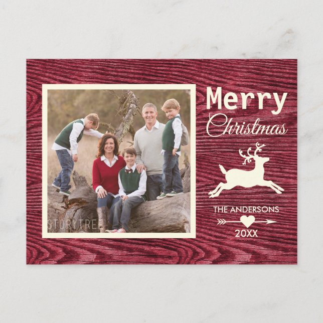 Rustic Wood Red Reindeer Christmas Family Photo Holiday Postcard (Front)