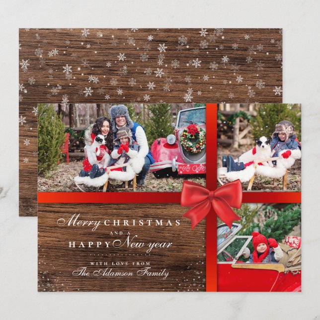 Rustic Wood & Red Ribbon Christmas Bow | 3 Photos Invitation (Front/Back)