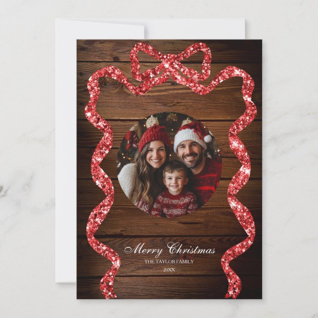 Rustic Wood Red Ribbon Photo Merry Christmas Invitation (Front)
