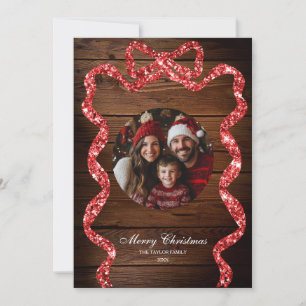 Rustic Wood Red Ribbon Photo Merry Christmas Invitation