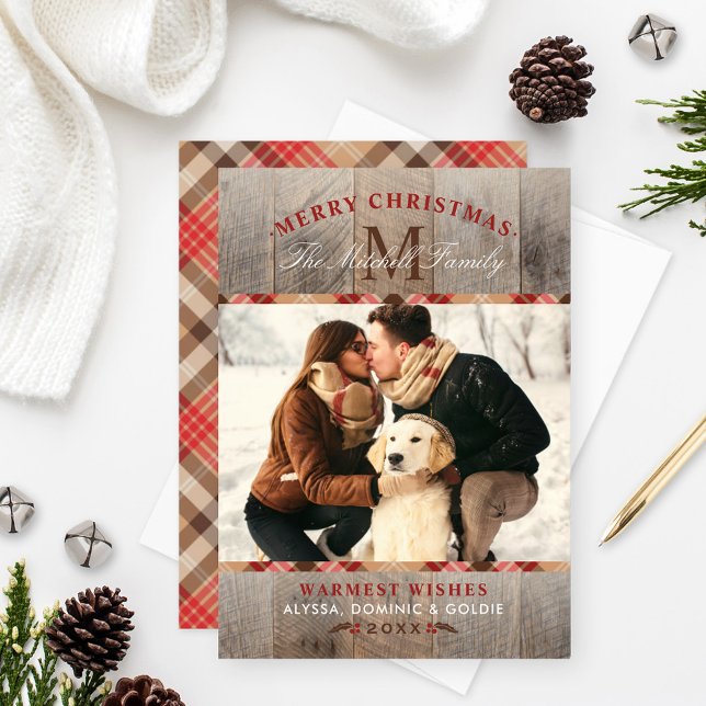 Rustic Wood Red Tartan Plaid Christmas Monogram Holiday Card (Creator Uploaded)