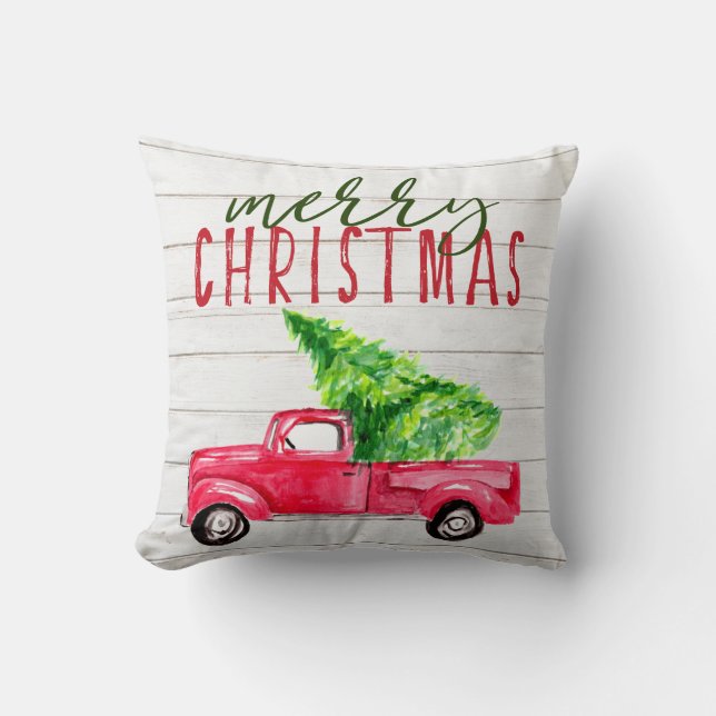 rustic wood red vintage truck merry christmas cushion (Front)