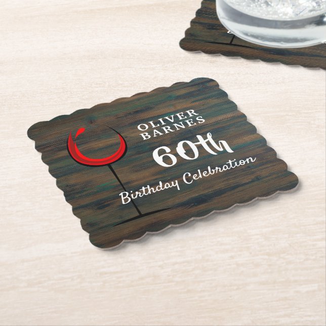 Rustic Wood Red Wine 60th Birthday Party Paper Coaster (Angled)