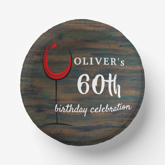 Rustic Wood Red Wine 60th Birthday Party Paper Plate (Front)