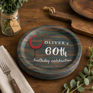 Rustic Wood Red Wine 60th Birthday Party Paper Plate
