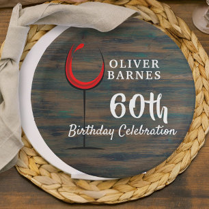Rustic Wood Red Wine 60th Birthday Party Paper Plate