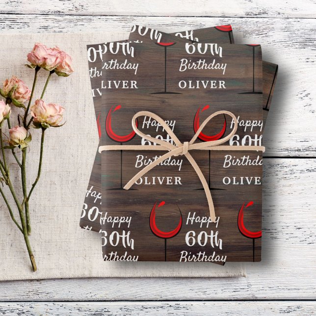 Rustic Wood Red Wine 60th Birthday  Wrapping Paper Sheet (Creator Uploaded)