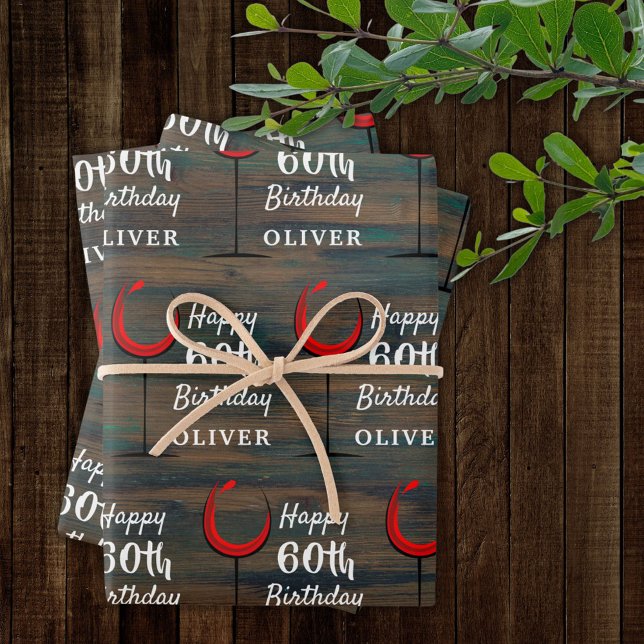 Rustic Wood Red Wine 60th Birthday  Wrapping Paper Sheet (Creator Uploaded)