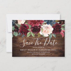 Rustic Wood Red Wine Burgundy Flowers Wedding Save The Date