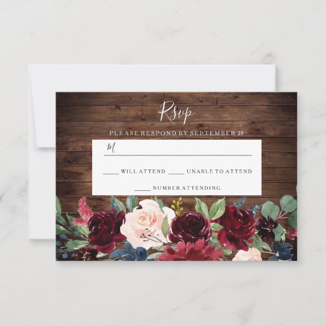 Rustic Wood Red Wine Burgundy Wedding RSVP Card (Front)