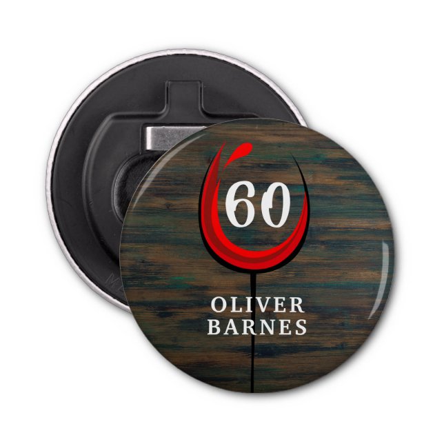 Rustic Wood Red Wine Glass 60th Birthday Bottle Opener (Front)