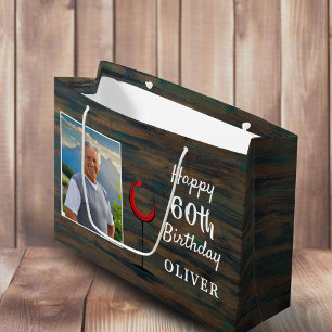 Rustic Wood Red Wine Glass 60th Birthday Photo Large Gift Bag