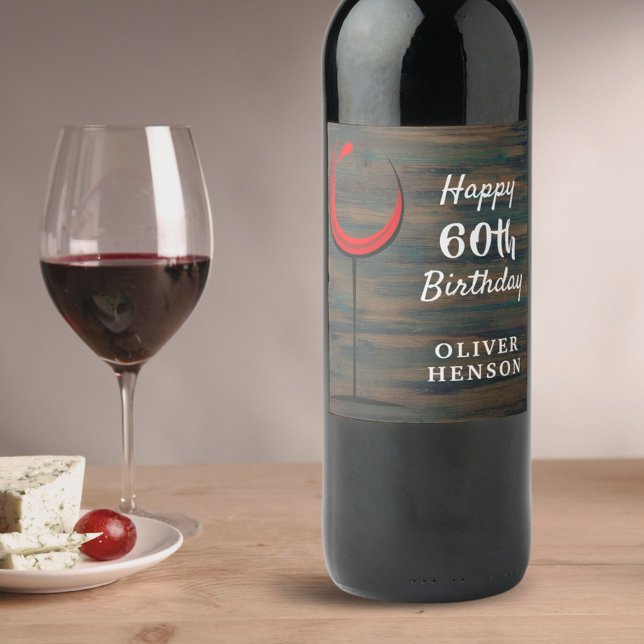 Rustic Wood Red Wine Glass 60th Birthday  Wine Label (Creator Uploaded)