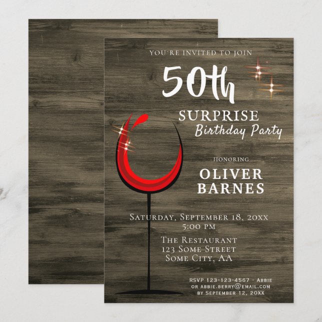 Rustic Wood Red Wine Surprise 50th Birthday Party Invitation (Front/Back)