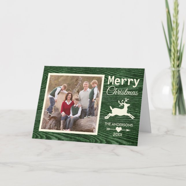 Rustic Wood Reindeer Green Christmas Family Photo Holiday Card (Front)
