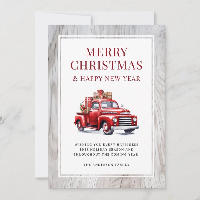 Rustic Wood Retro Red Truck Merry Christmas Card (Front)