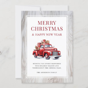 Rustic Wood Retro Red Truck Merry Christmas Card