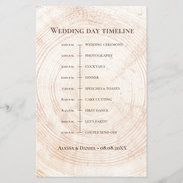 Rustic Wood Rings Wedding Day Timeline Schedule  (Front)