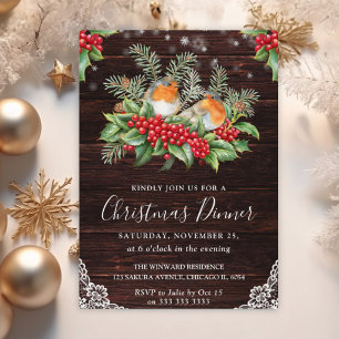 Rustic Wood Robin and Holly Christmas Invitation