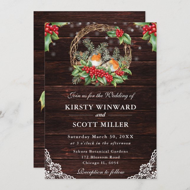 Rustic Wood Robin and Holly Christmas Wedding Invitation (Front/Back)