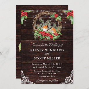 Rustic Wood Robin and Holly Christmas Wedding Invitation