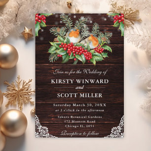 Rustic Wood Robin and Holly Christmas Wedding Invitation