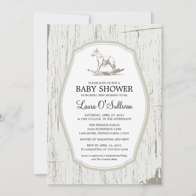 Rustic Wood Rocking Horse Baby Shower Invitation (Front)