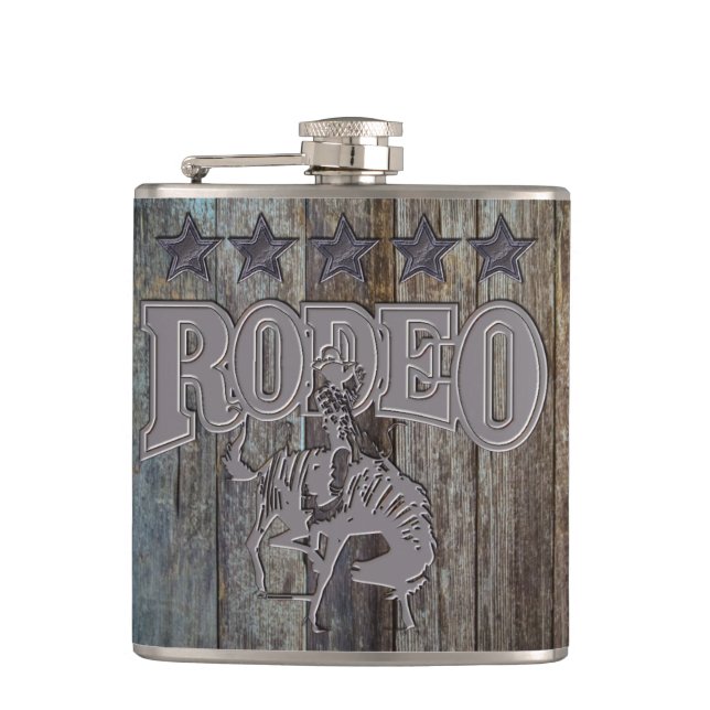 Rustic Wood Rodeo Cowboy Liquor Flasks (Front)