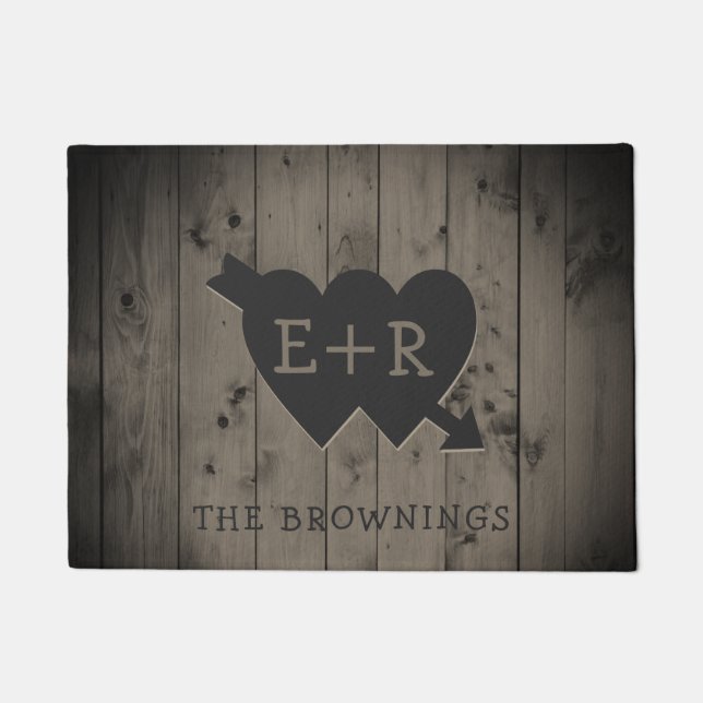 Rustic Wood Romantic Hearts Monogram Initials Doormat (Front)