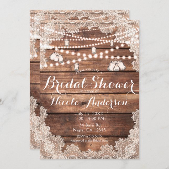 Rustic Wood Romantic Lace Mason Jars Bridal Shower Invitation (Front/Back)
