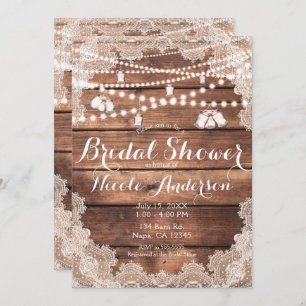 Rustic Wood Romantic Lace Mason Jars Bridal Shower Invitation