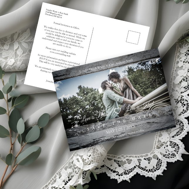 Rustic Wood Romantic Photo Engaged Couple Wedding Postcard (Rustic Wood Romantic Photo Engaged Couple Wedding Save the Date Card.)